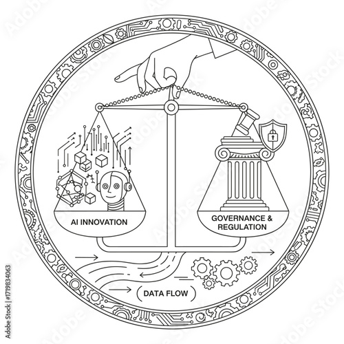 AI governance balance in technical line art in black and white