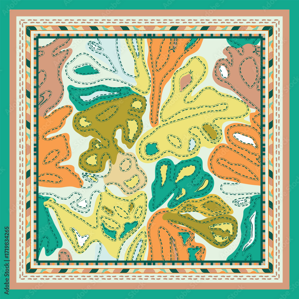 Obraz premium Colorful abstract square scarf pattern design featuring organic shapes in orange, yellow, green, and blue, framed by intricate borders.