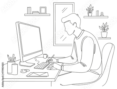 Person working at computer against home office background