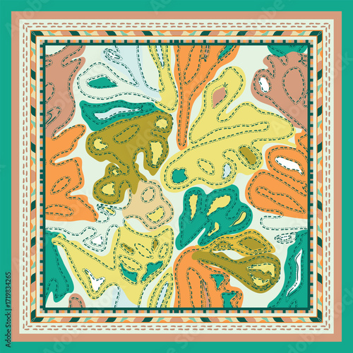 Colorful abstract square scarf pattern design featuring organic shapes in orange, yellow, green, and blue, framed by intricate borders.