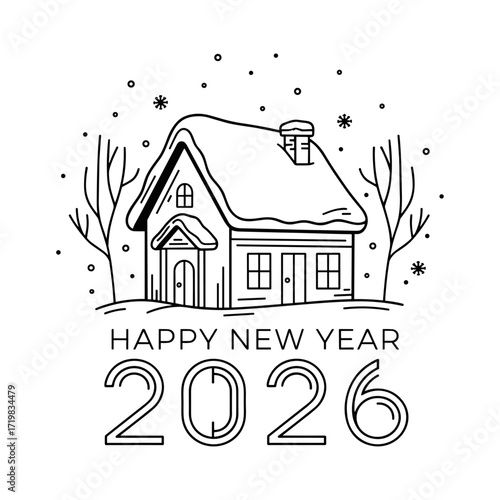 Snowy house line drawing in black and white, new year 2026 illustration