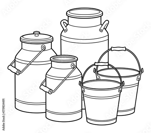Milk cans and buckets line drawing in black and white