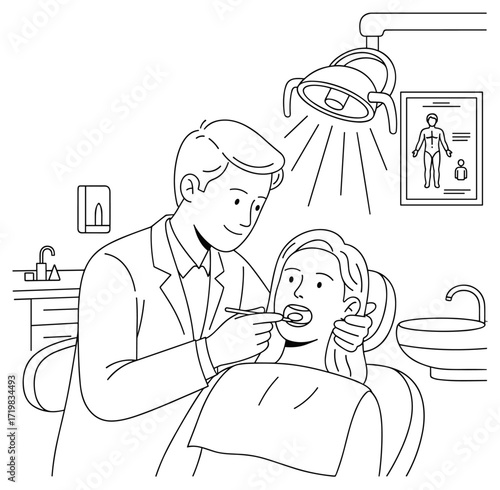 Dentist examining patient line drawing in black and white