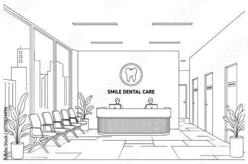 Dental office waiting area interior line drawing in black and white