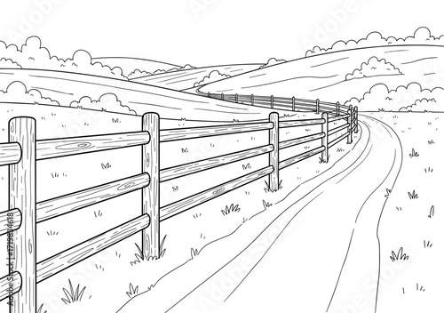 Country road with fence line drawing in black and white