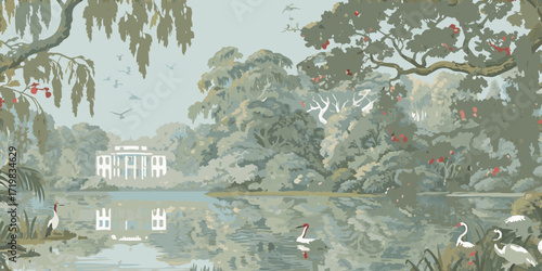 Serene landscape painting of a grand white mansion reflected in a tranquil lake surrounded by lush trees and wildlife