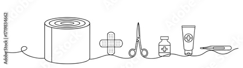 First aid kit items continuous line drawing in black and white