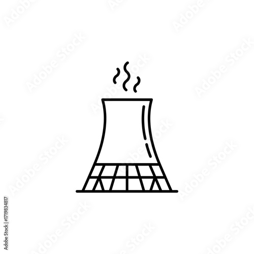 Industrial cooling tower with steam rising against white background  