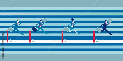 Business people in suits with briefcases jumping over hurdles in a race on a blue striped background