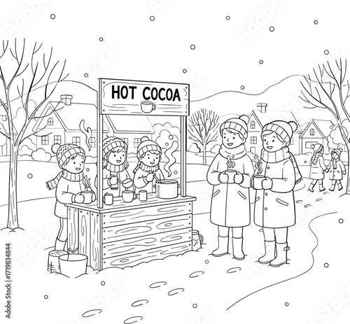 Children buying hot cocoa against snowy village