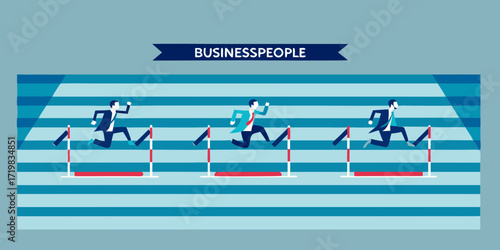 Businesspeople in suits jumping over hurdles on a track representing competition and challenges