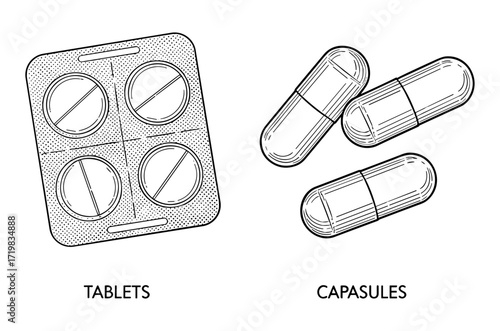 Tablets and capsules vintage illustration in black and white