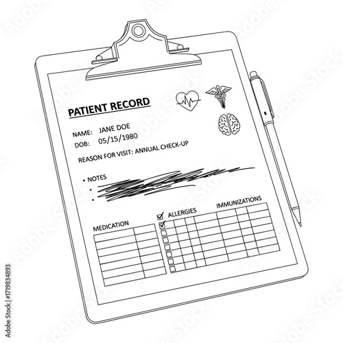 Patient record form line drawing in black and white