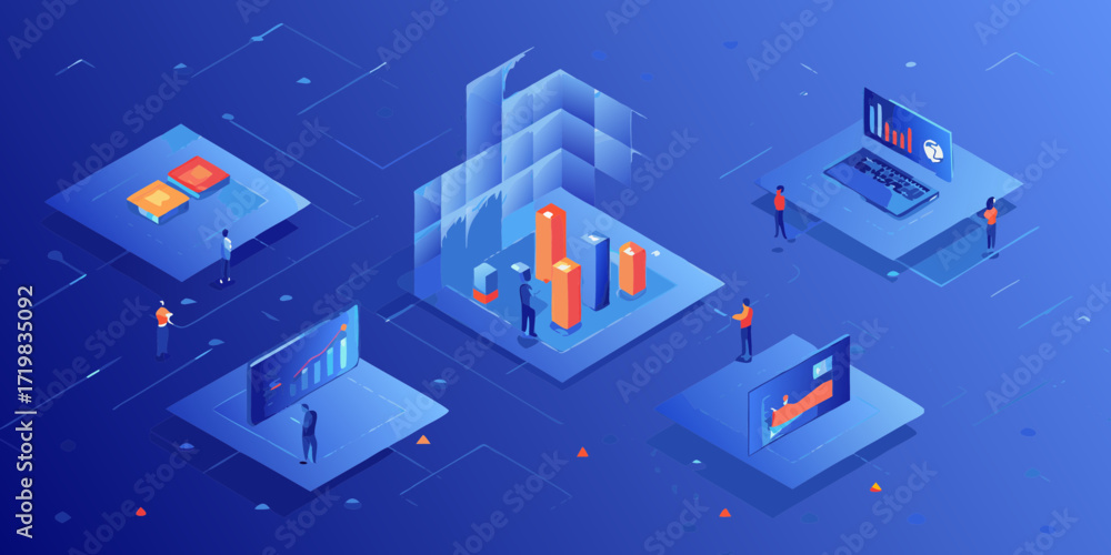 Obraz premium Isometric digital data analysis and business intelligence with charts and graphs