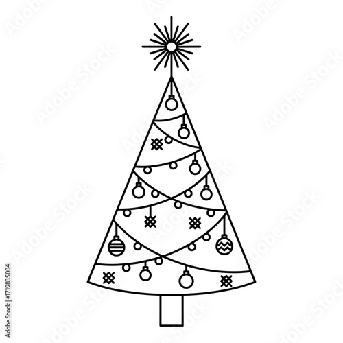 Minimalist Christmas tree in line art in black and white