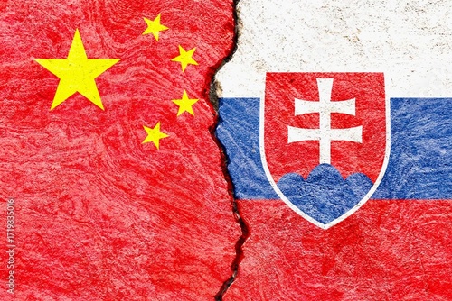 China and Slovak flags on cracked background. Abstract international politics economy relationship conflicts concept