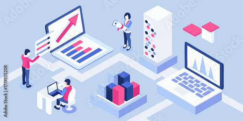 Isometric illustration of people analyzing data and charts with laptops and servers in a modern office setting