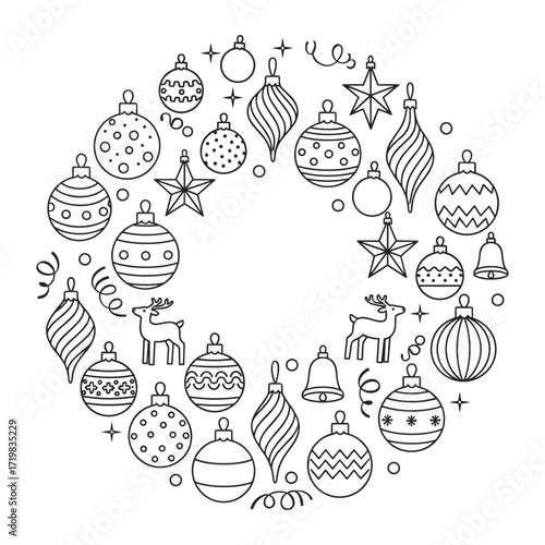 Christmas ornaments wreath in line art in black and white