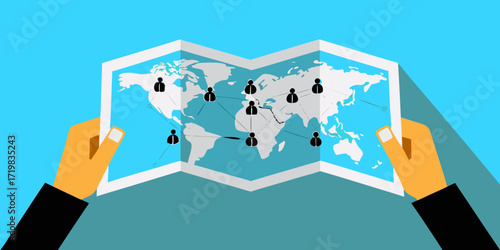 Hands holding a world map with connected people icons representing global network and communication