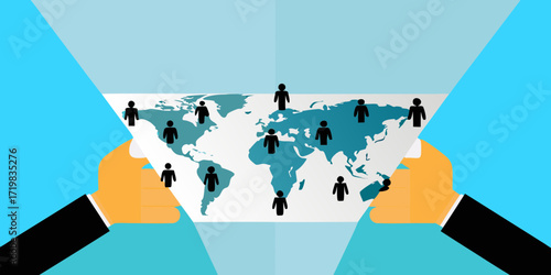Hands holding a world map with people icons representing global connections and diversity