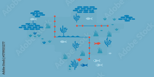 Stylized underwater scene with fish coral and abstract shapes on blue background