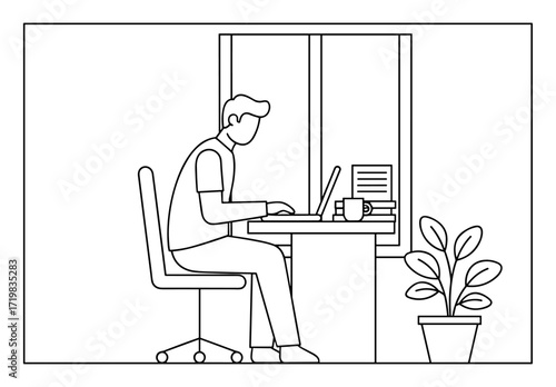 Person at desk with laptop against minimalist room background