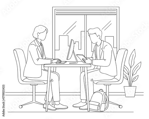 Office meeting with devices against white background