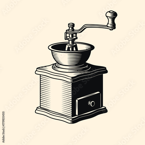 A vintage manual coffee grinder with a wooden base and a metal hopper, depicted in a black and white illustration.