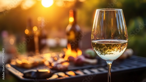 A glass of white wine stands in focus against a backdrop of a grill and bottles, with a warm sunset creating a cozy, inviting atmosphere.