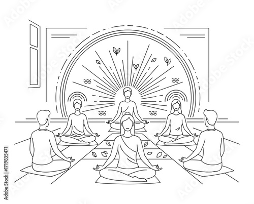 Group meditation circle against white background