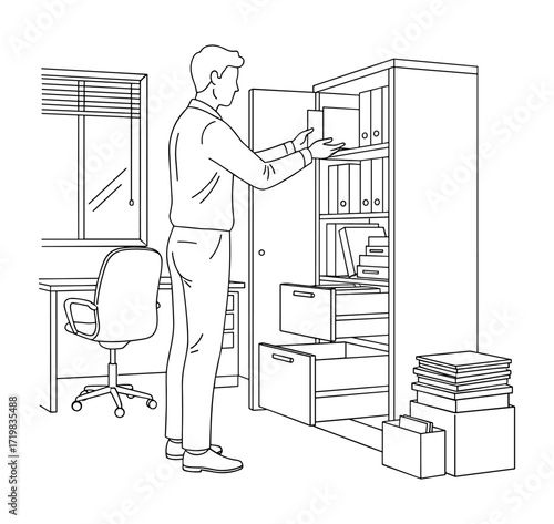 Man at filing cabinet against office background