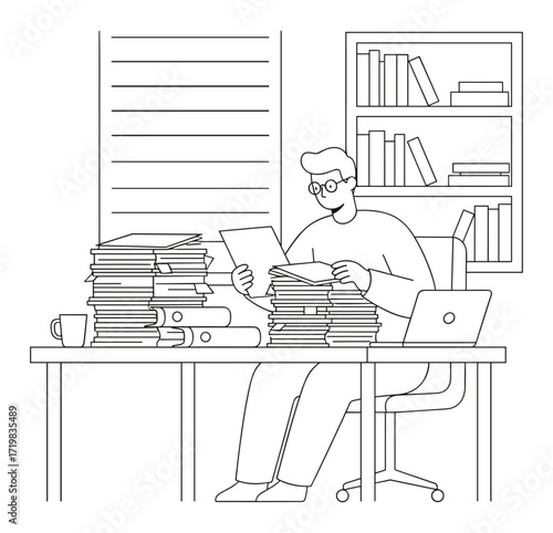 Busy desk worker against white background