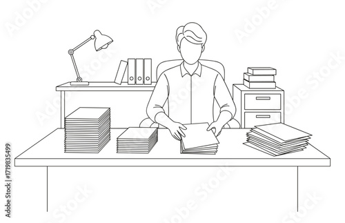 Person sorting papers at desk against white background