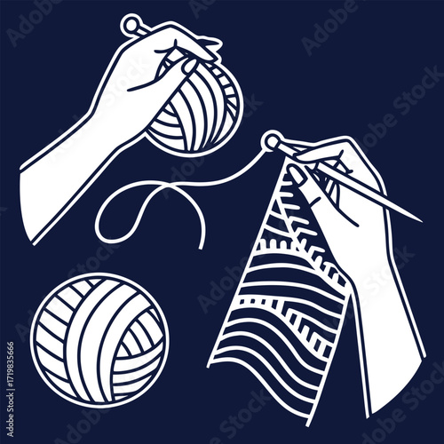 Hands Knitting with Yarn and Needles on Dark Blue craft