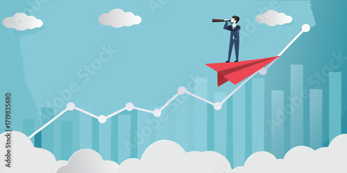 Businessman riding a red paper airplane on a rising graph line looking through a telescope