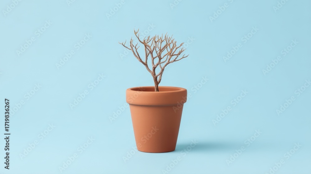 Obraz premium Decorative Terracotta Pot with Bare Branches on Blue Background Showcasing Minimalist Aesthetic for Home and Office Decor Ideas