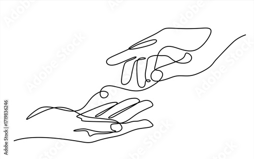 Continuous one line drawing of  male hand extending a helping hand. Hand drawn one line vector. Editable stroke.	
