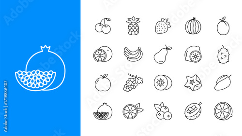 Fruits and Berries Line Icon Set. Vector symbols of cherry, pineapple, strawberry, watermelon, apple, lemon, banana, pear, kiwi, mango, pomegranate, blueberry, orange. Editable stroke illustration.