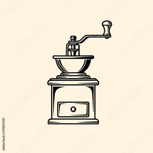 Vintage hand-crank coffee grinder illustration in black and white, a classic kitchen appliance for fresh brewing.