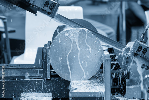 The band saw cutting machine cutting the metal shaft parts with coolant method in the light blue scene.