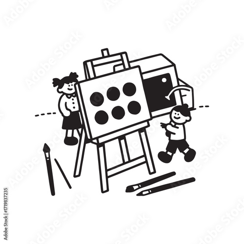  Simple Classroom Computer and Paint Easel Line Art. 