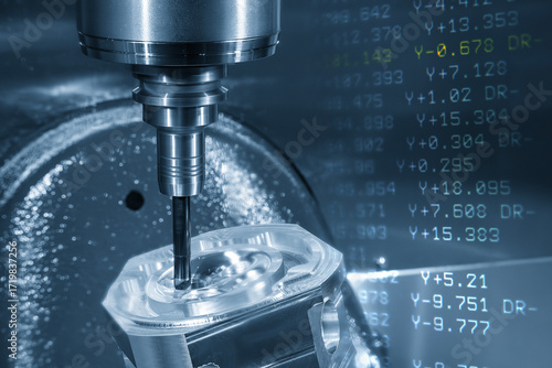 Abstract scene the 5-axis CNC milling machine cutting the automotive part and G-code data background.