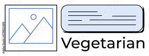 Rectangle with a photo placeholder, text block, and Vegetarian label. Ideal for branding, packaging, signage, diet apps, food marketing product identity healthy living. Simple flat metaphor