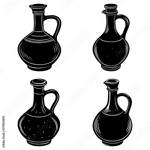 Four black and white hand drawn style oil or vinegar bottles with handles in various shapes and designs