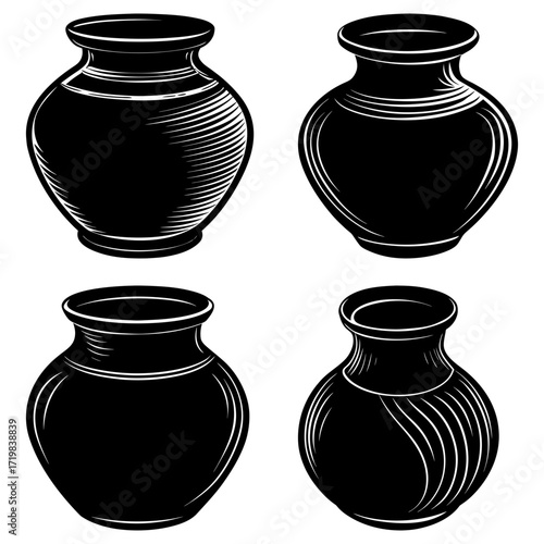 Four black and white vases with varying designs and shapes arranged on a white background illustration