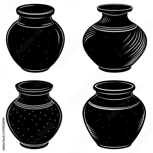 Four black and white vases with varying designs and shapes arranged in a square pattern on white background