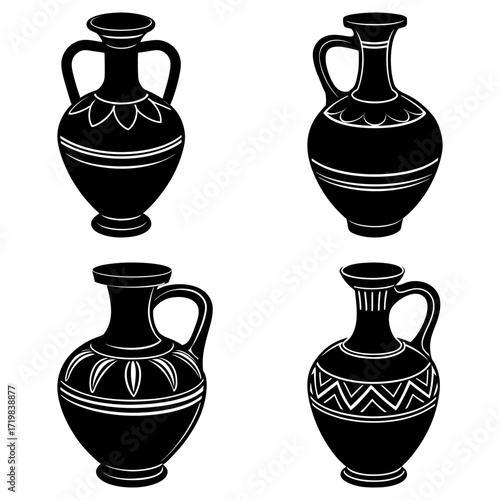 Collection of four decorative black vases with handles and unique designs on a white background art