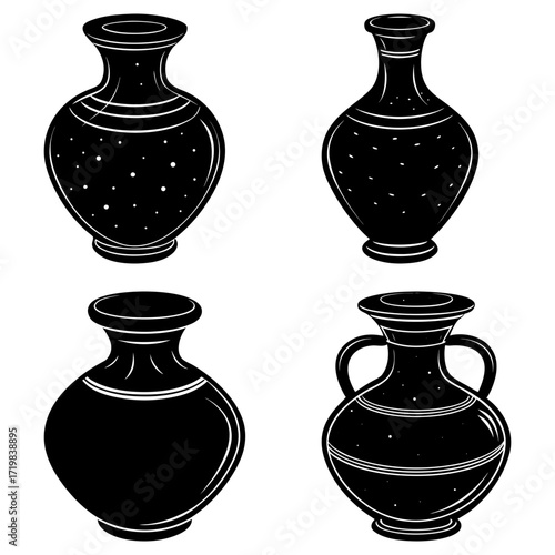 Collection of four black and white vases with varying shapes and decorative elements displayed together