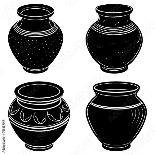 Four black and white illustrations of different shaped vases with various patterns and styles displayed together