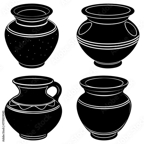 Illustration of four black and white vases with varying shapes and decorative patterns in a square format